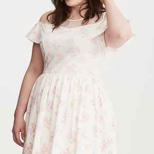 DISNEY BEAUTY AND THE BEAST CAMEO ROSE PRINT COLD SHOULDER DRESS